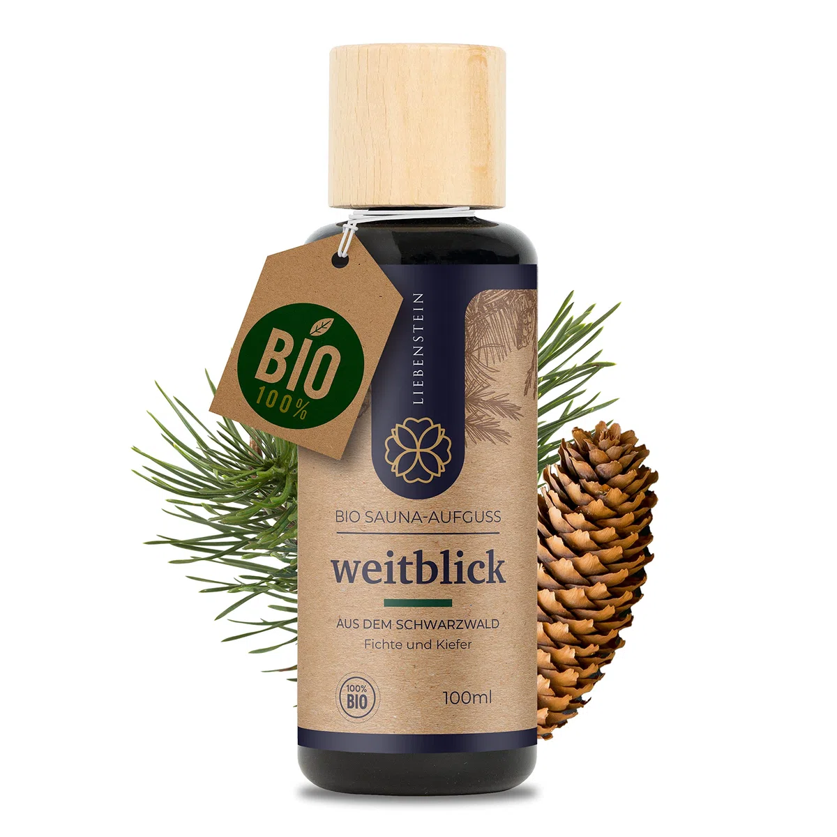 Liebenstein® BIO Saunaaufguss “Weitblick” - Fichte & Kiefer [1x100ml Sauna Aufgussmittel] mit 100% naturreinen Bio Ölen - regional und nachhaltig produziert - Dein Schwarzwald Sauna Aufguss