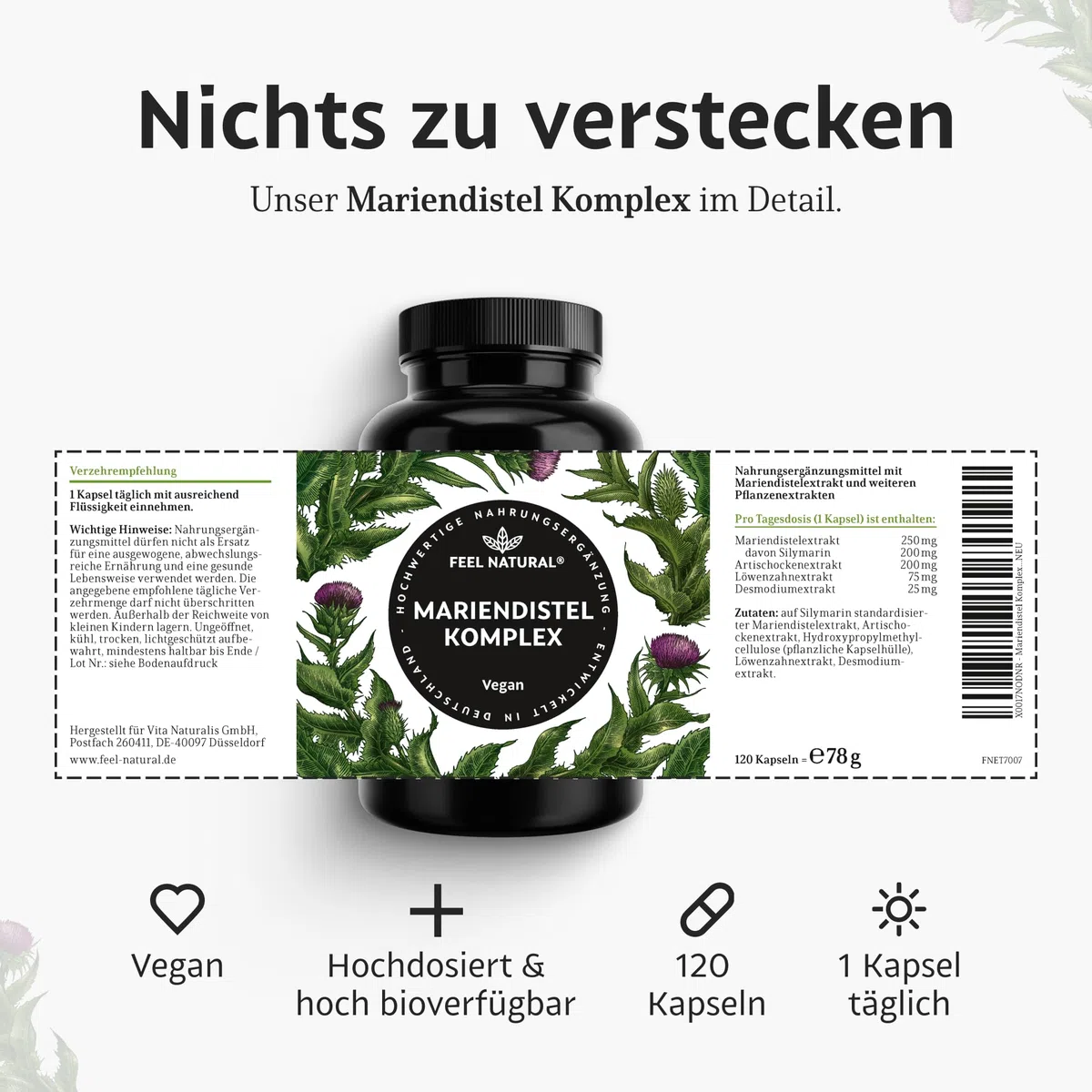 Mariendistel Artischocke Löwenzahn Komplex - Hochwertiger 4-fach Komplex mit Desmodium - Mariendistelextrakt hochdosiert mit 80% Silymarin - 120 vegane Kapseln - Laborgeprüft