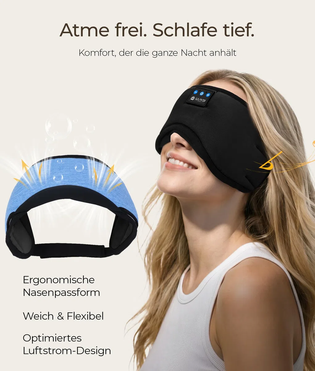 LOVE EYE Bluetooth Schlafmaske für Seitenschläfer, ultraflache Kopfhörer, lichtdicht & waschbar, verstellbares Kopfband, atmungsaktiv, ideal für Reisen & Entspannung ((Schwarz)