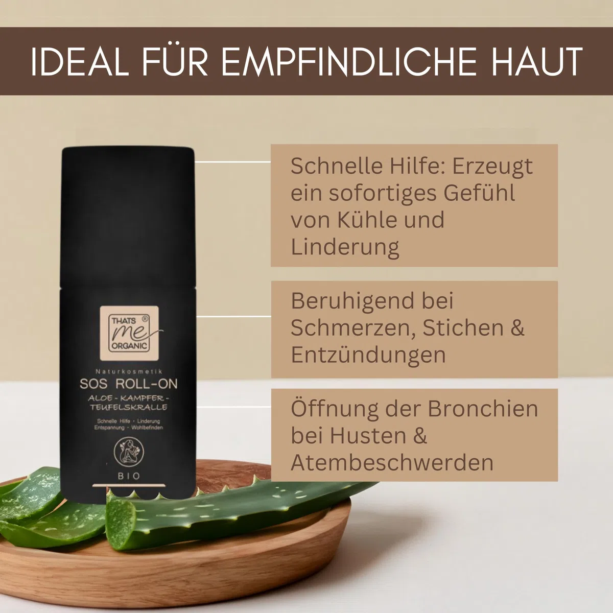 Thats me organic BIO-SOS-ROLL-ON Aloe 50ml – Naturkosmetik mit Arnika, Teufelskralle, Menthol – wärmend und kühlend bei Muskelverspannungen, Insektenstichen, Sonnenbrand, Schmerzen und Allergien