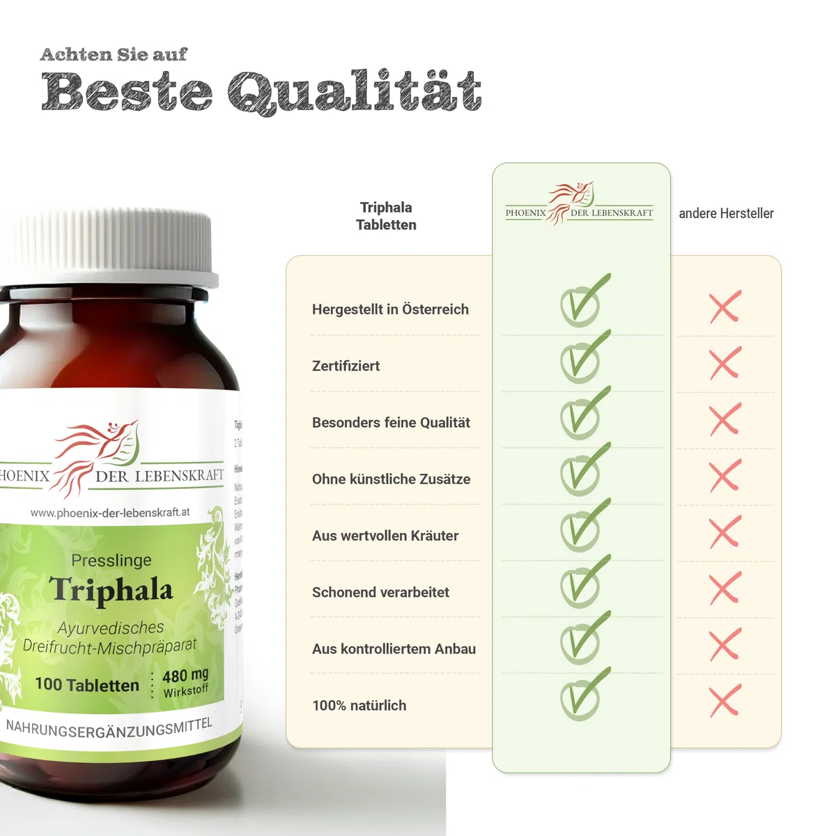 Triphala Tabletten à 480 mg Wirkstoff (Dreifrucht, Haritaki, Amalaki und Bibhitaki), 100 Tabletten, Premium Qualität, Tabletten statt Kapseln, Hergestellt in Österreich, Vegan