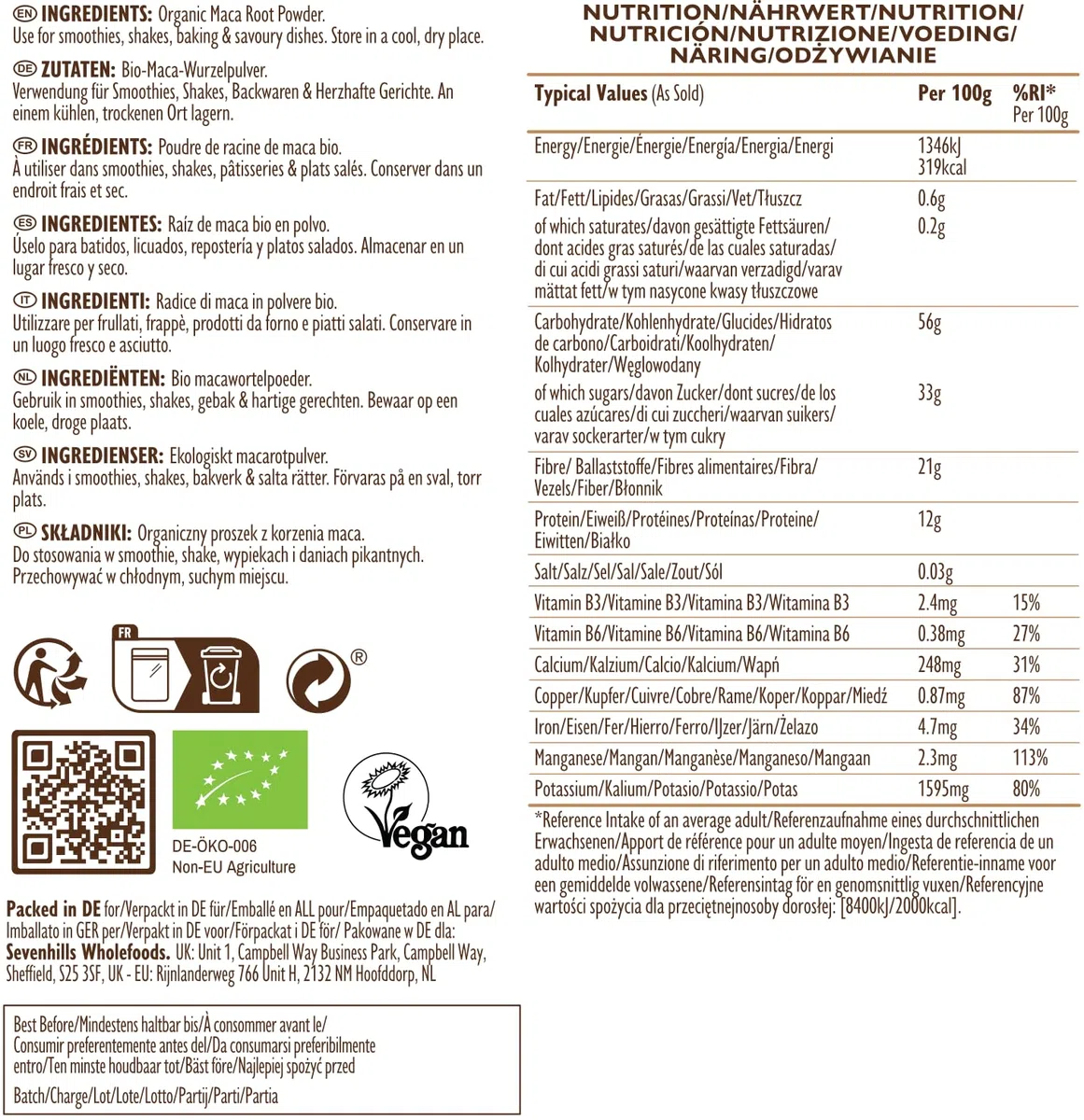 Sevenhills Wholefoods Bio-Maca-Wurzelpulver 1kg, peruanisches gelbes, rotes und schwarzes Maca, rein und naturbelassen, vegan, glutenfrei, gentechnikfrei, koscher