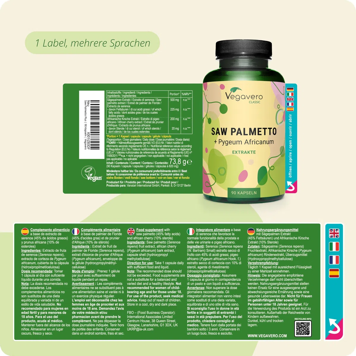 Sägepalme + Pygeum Africanum Vegavero | 500 mg Sägepalmenextrakt (20:1) & 200 mg Pygeum Extrakt (2:1) | 45% Fettsäuren & 10% Sterole | Vegan - Ohne Zusätze | 90 Kapseln