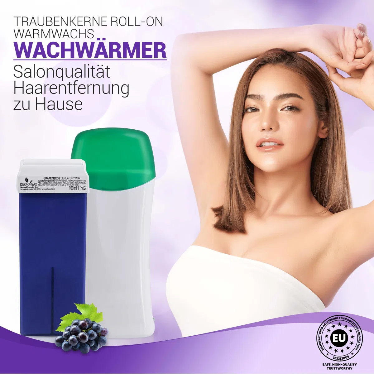 Dermawax Roll-On Wachswärmer Set – 100 ml Weintraube Warmwachs Wachspatrone für Haarentfernung, Anwendung mit Vliesstreifen für Beine, Arme, Rücken –Titanium Dioxid Wachs für empfindliche Haut