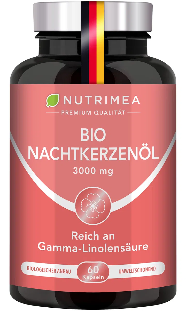 Nachtkerzenöl Bio - 1500 mg davon 135 mg GLA Tagesdosis - kaltgepresst &100% natürlich - Nahrungsergänzungsmittel bei PMS & Hautunreinheiten - Premium-Qualität - 60 Kapseln - Nutrimea