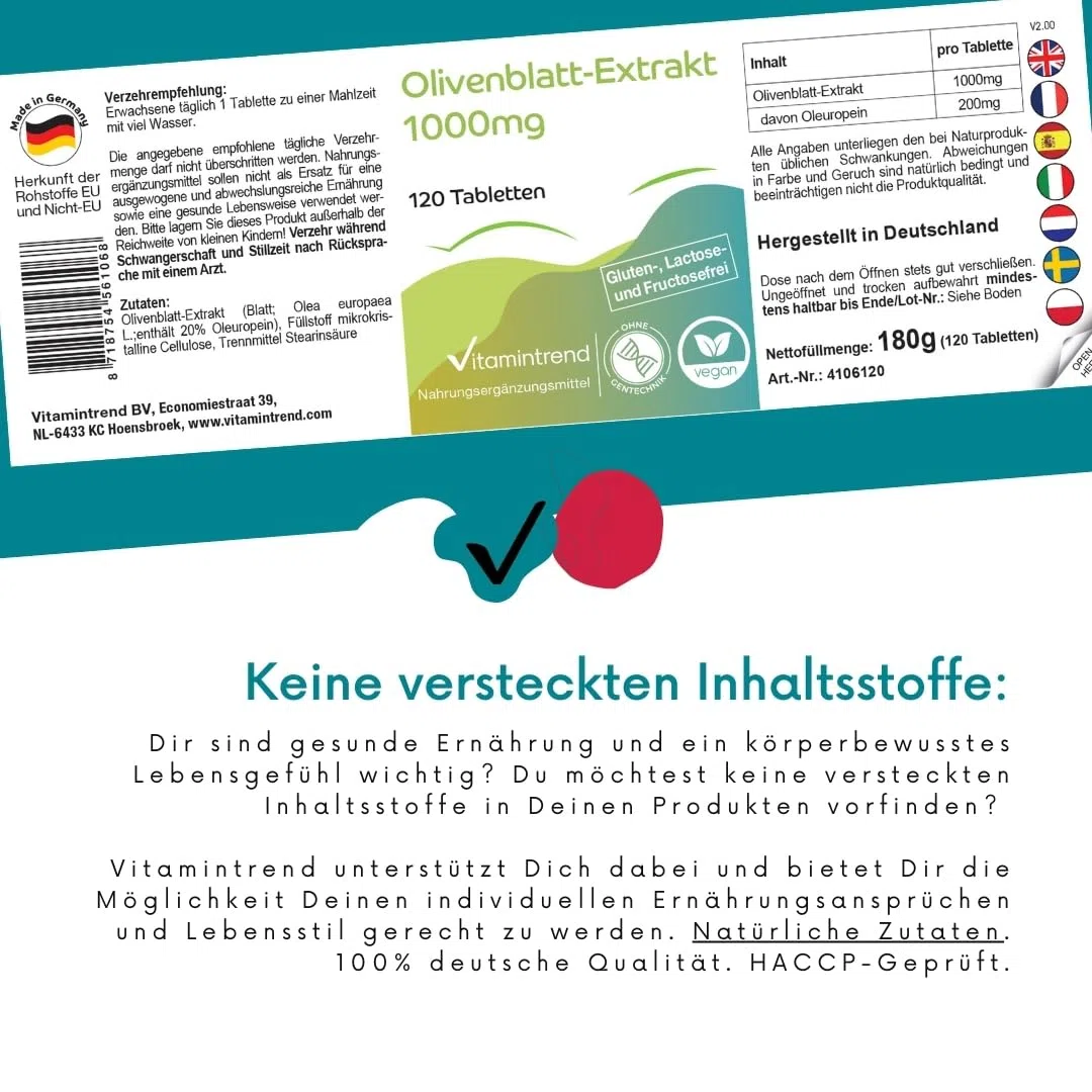Vitamintrend Olivenblattextrakt 1000mg, 120 Tabletten, hochdosiert, 20% Oleuropein, veganes Nahrungsergänzungsmittel ohne Zusätze, in Deutschland hergestellt