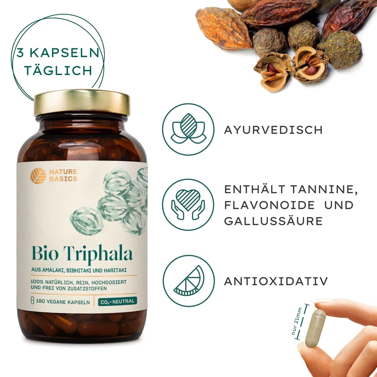 Bio Triphala - 180 Kapseln hochdosiert / 1500 mg Triphala Pulver pro Tagesdosis/Hochwertige Ayurveda Nahrungsergänzung/Vegan, Zertifiziert & Nachhaltig im Glas