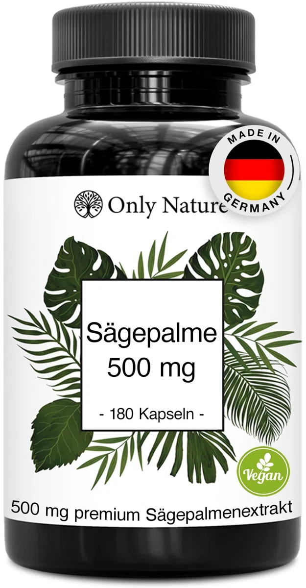 Only Nature Sägepalmenextrakt 500 mg - 180 Prosta Kapseln - Natürlich & Wirksam - in Deutschland produziert & Laborgeprüft - Sägepalme Prostata Kapseln