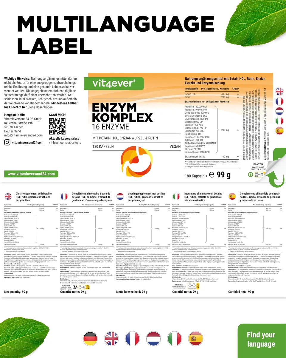 vit4ever Verdauungsenzyme - 180 Kapseln - magensaftresistent & hochdosiert | Mit Betain HCL, Rutin, Enzianwurzel + 16 Enzyme: Bromelain, Papain, Amylase, Lipase, Protease, Laktase, 90 Tage Vorrat, Vegan