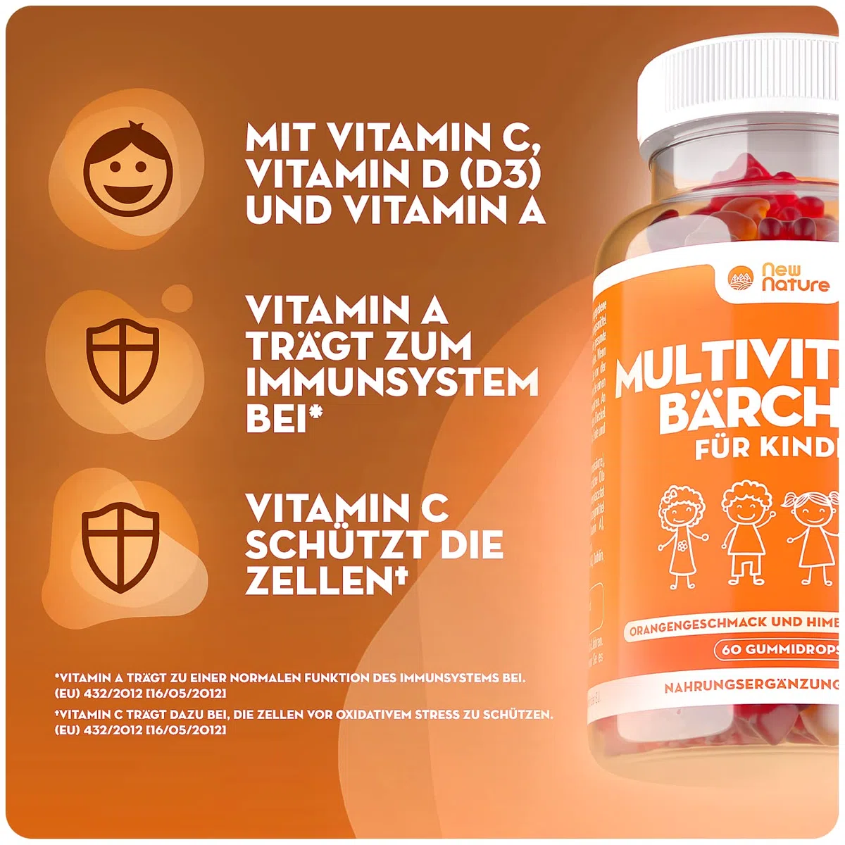 Kinder Multivitamin Fruchtgummis mit Zink, Vitamin C & Vitamin D - Vitamine für Kinder ab 3 Jahren - Zink für das Immunsystem - Kindervitamine (60 Gummis)