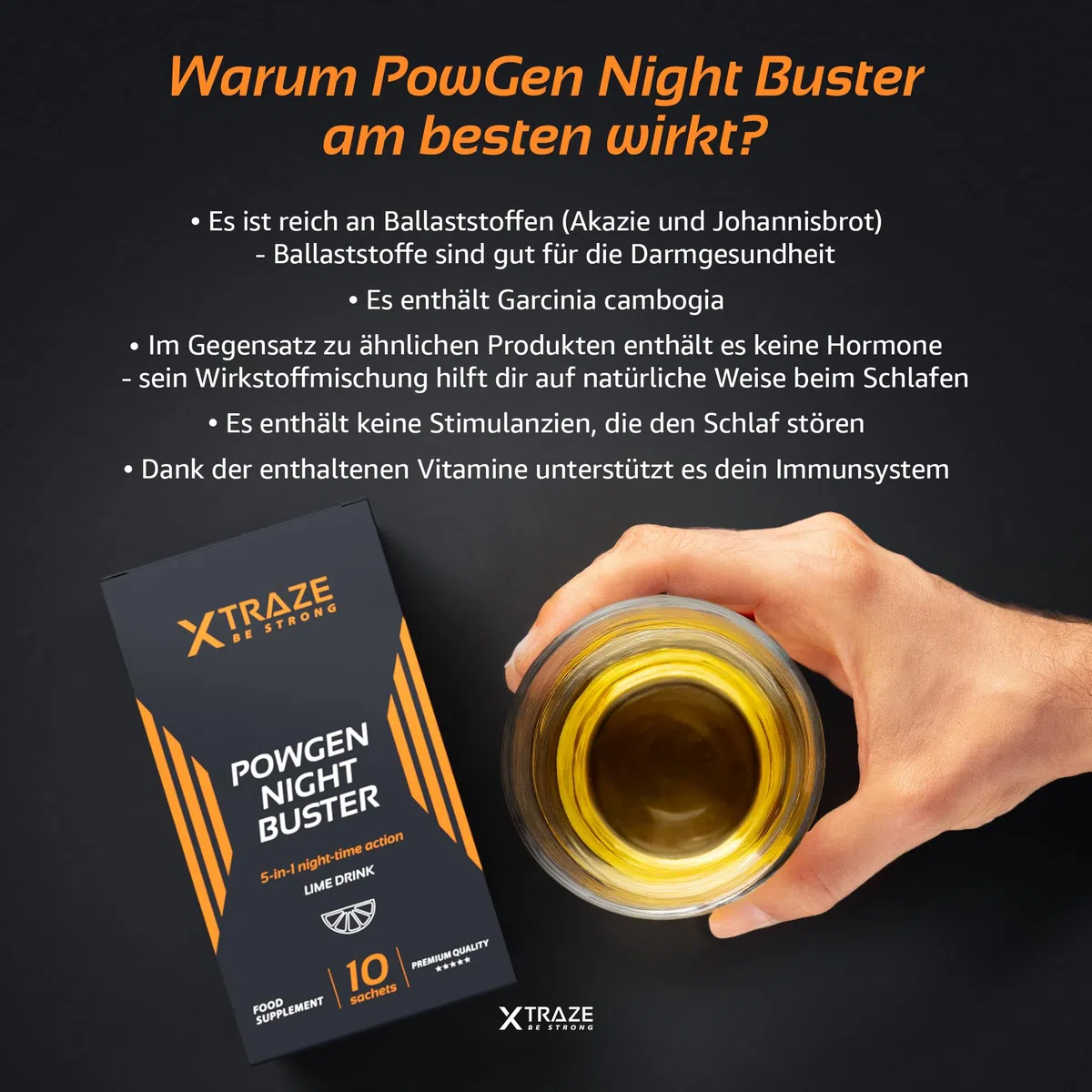 Garcinia Cambogia, Zitronenmelisse, Zichorie, Johannisbrotfrucht, Vitamin C, Vitamin B6 und Cholin | Thermogenisch und Ballaststoffreich | 30 Beutel für 30 Tage | XTRAZE Powgen Night Buster