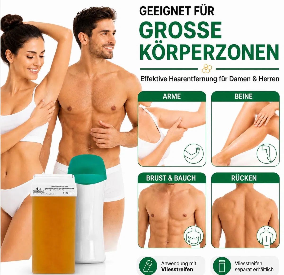 DERMAWAX Roll-On Wachswärmer Set – 25W, 230V – Inkl. Honig Roll-On Warmwachs 100 ml – Profi Haarentfernung mit Wax Strips – Schnelle & einfache Enthaarung für Beine, Arme, Achseln und Rücken