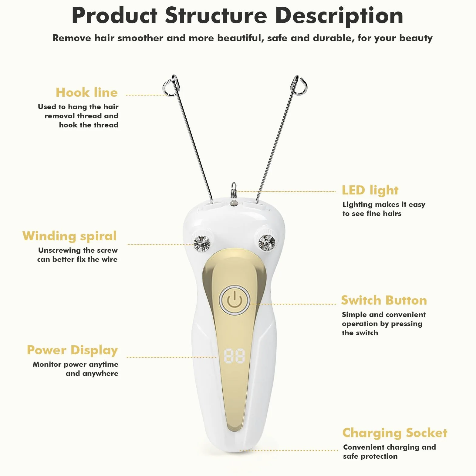 Elektro Threading Epilierer Damen Elektrischer Gewinde Epilator Gesichtshaarentferner für Frauen Physical Einfädler Haarentferner Epilierer Damen Gesichtsepilierer für Armen und Beinen (Gold)