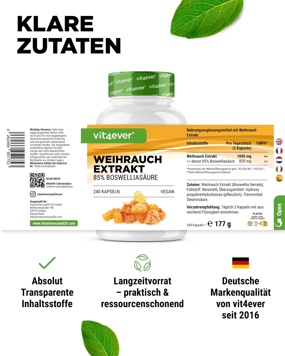 vit4ever Weihrauch Extrakt - 240 vegane Kapseln - 1000 mg pro Tagesportion - Mit 85% Boswelliasäuren aus echtem indischen Boswellia serrata - Hochdosiert & Premiumqualität