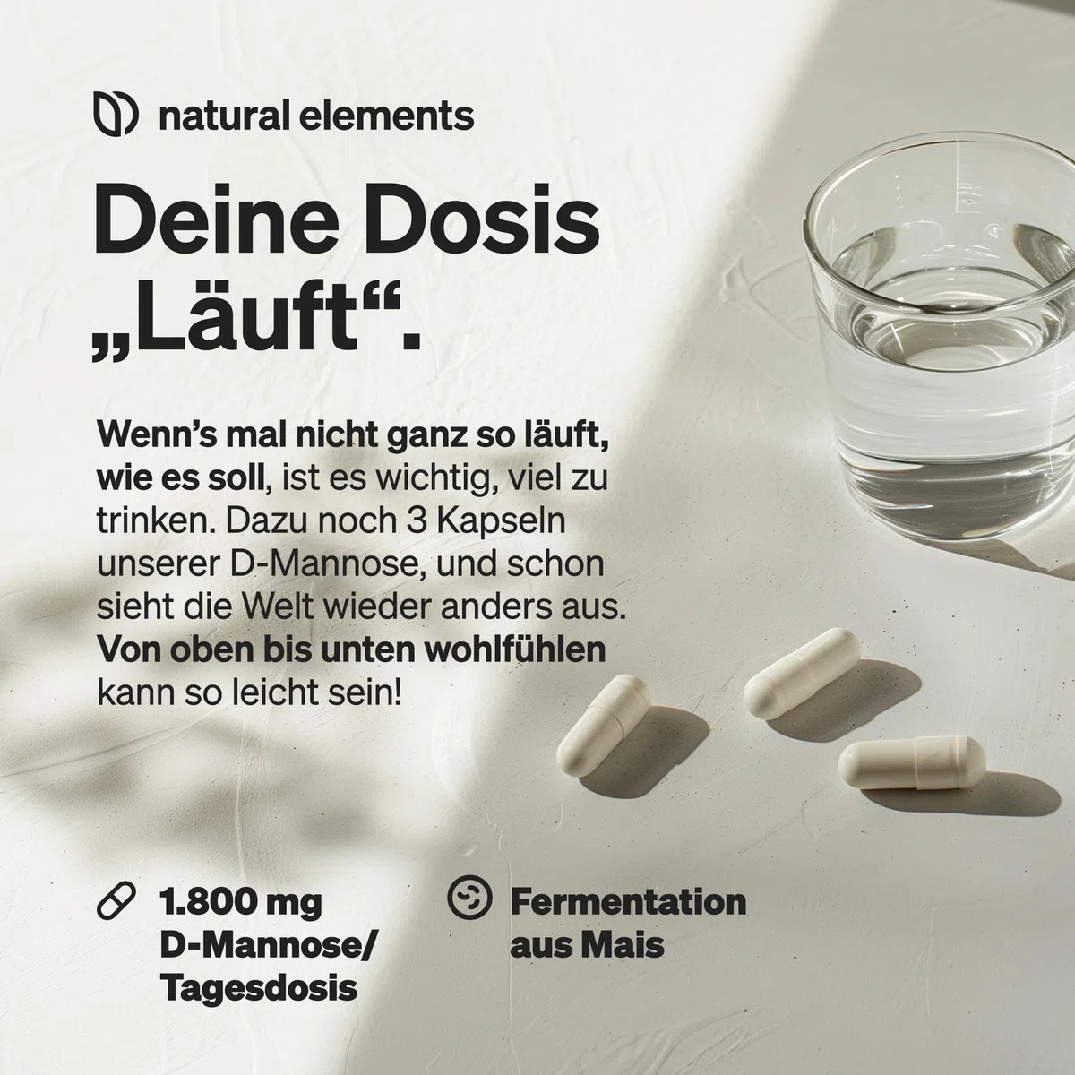 natural elements D-Mannose – 180 Kapseln – 1800mg D-Mannose pro Tagesdosis – vegan, optimal dosiert, ohne unerwünschte Zusätze – in Deutschland produziert & laborgeprüft