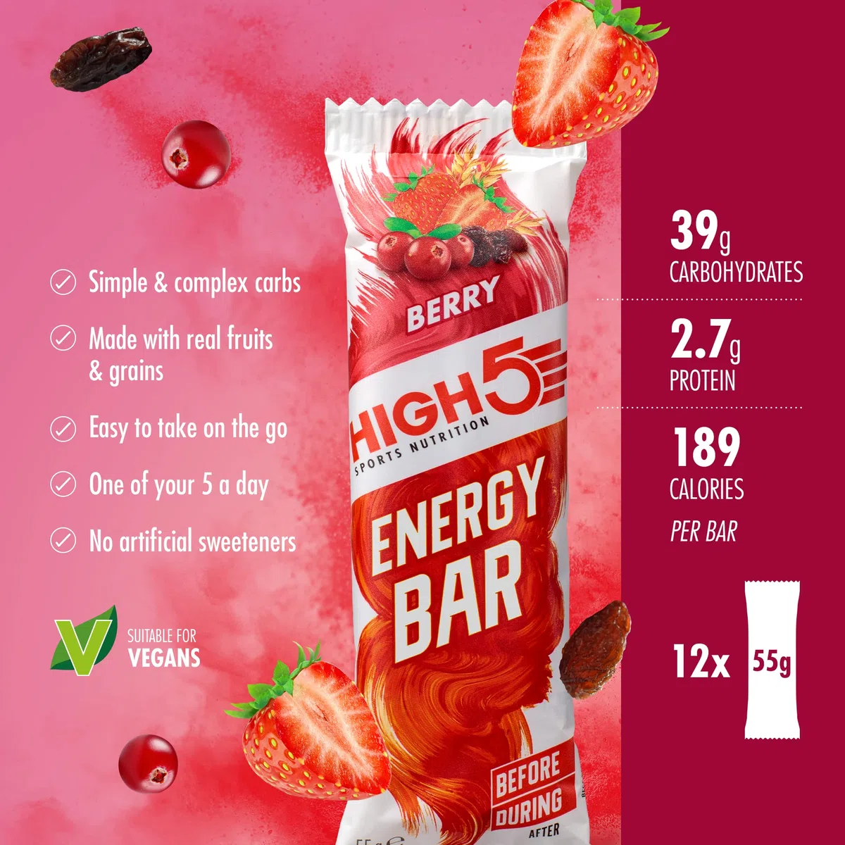 HIGH5 Energieriegel - Hochkalorische Riegel für Laufen, Radfahren & Wandern - Vegane Haferriegel mit echten Früchten - Gesunde Snacks für Training, Wettkampf & Alltag (12x55g Soft Bar Riegel, Beere)