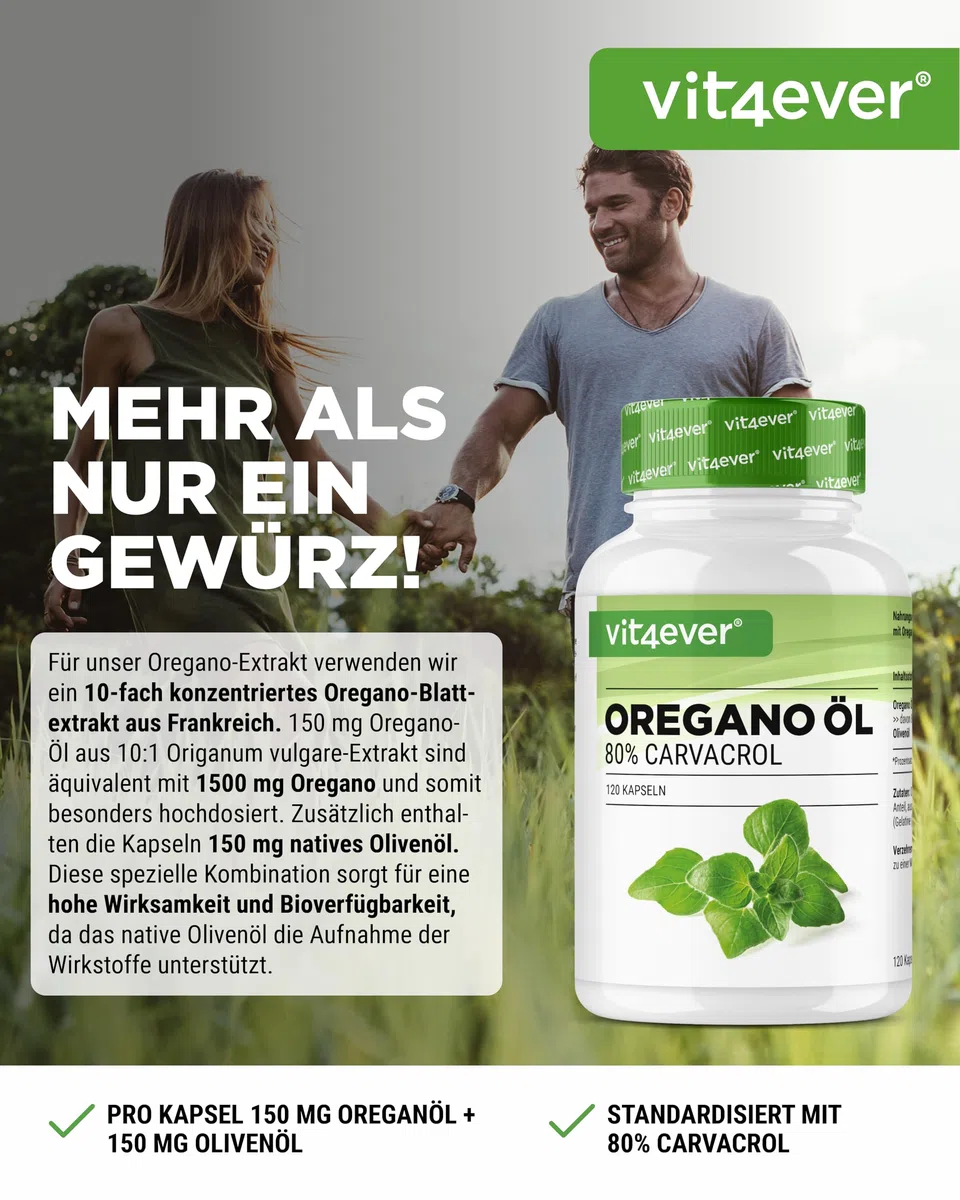 vit4ever Oregano Öl - 120 Kapseln mit 150 mg - Premium: 80% Carvacrol & 10-fach konzentriert - 100% Oreganoöl aus Frankreich - Origanum vulgare - Laborgeprüft - Hochdosiert