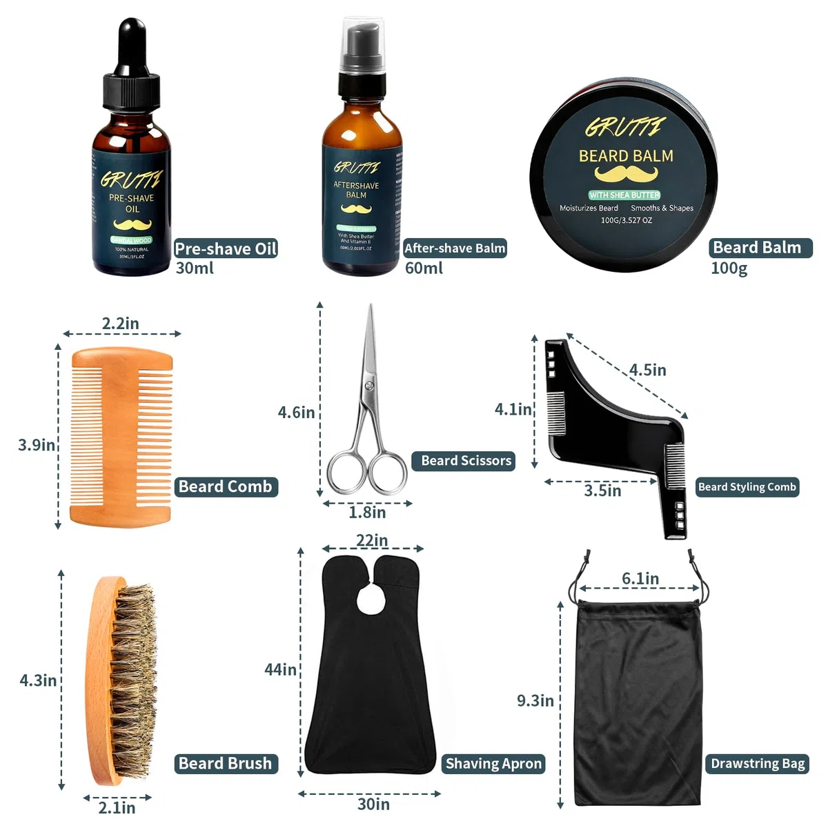 Bartpflege-Set für Herren mit Vorrasuröl, Bartbalsam, After-Shave-Creme, Bartbürste, Kamm, Schere, Stylingkamm, Schal und Aufbewahrungstasche – Geschenkset für Ihn, Papa und Ehemann; Vatertag