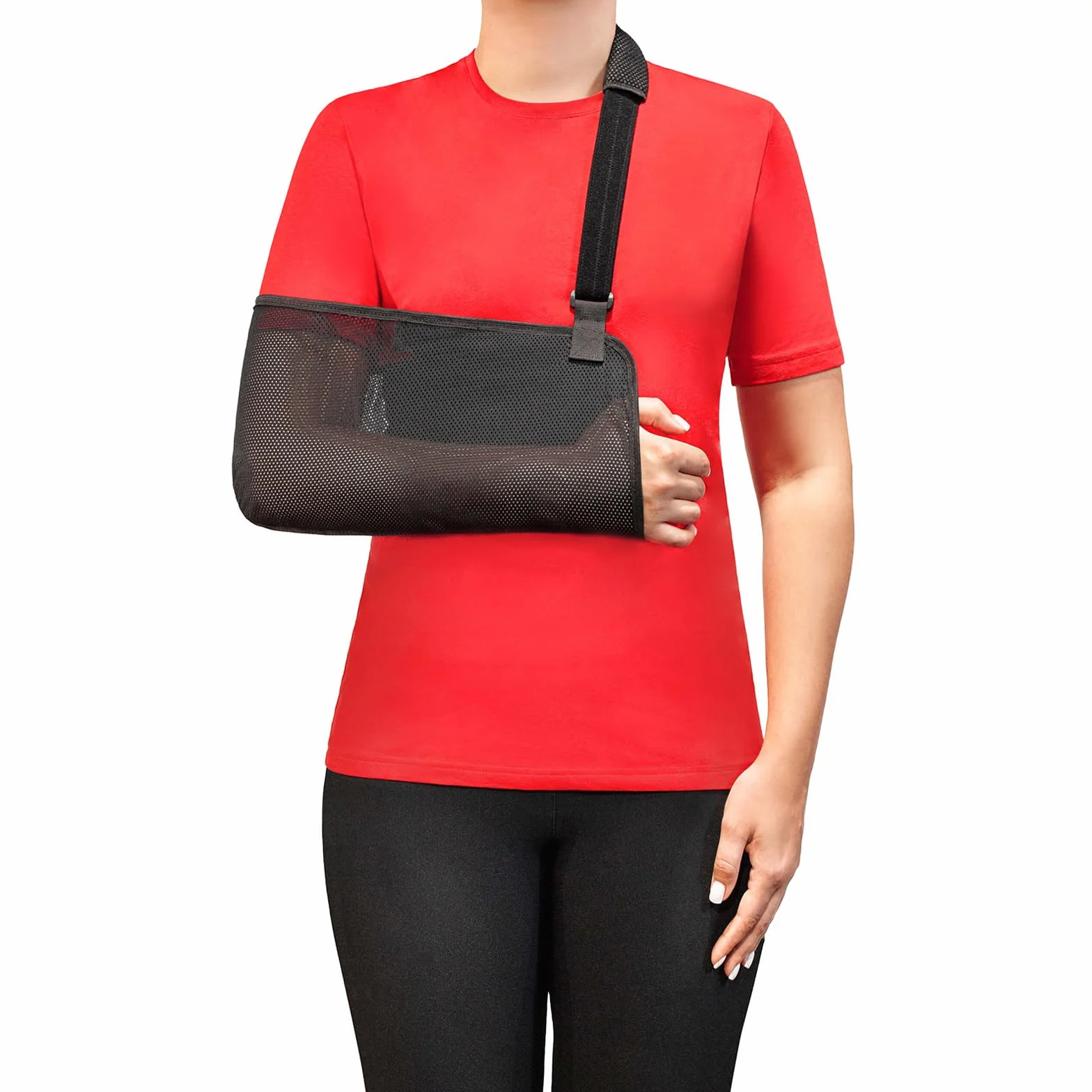 Armschlinge & Armbinde - Medizinprodukt aus atmungsaktivem Netzmaterial - Armtragetuch für linken & rechten Arm mit Schulterpolster & Daumenschlaufe 5002 Schwarz (L)