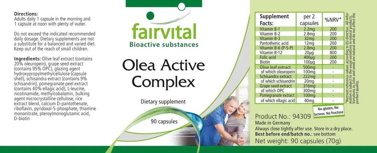 fairvital Olea Active Complex, 90 Kapseln, VEGAN, Kombination aus B-Vitaminen, Folsäure, Olivenblatt, Schisandra, Granatapfel und OPC