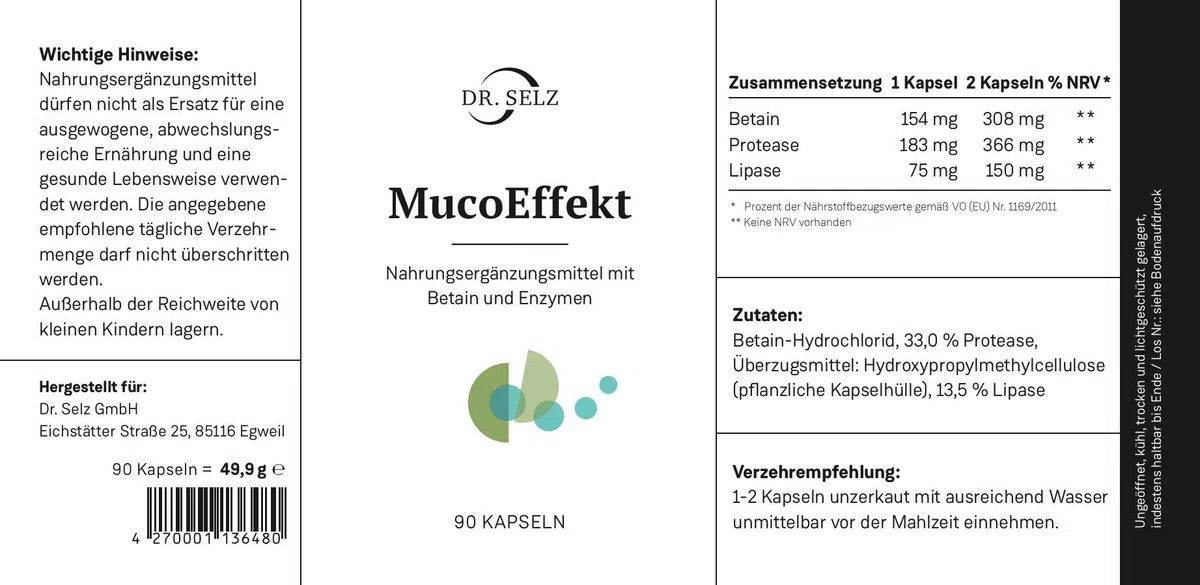 Dr. Selz MucoEffekt Kapseln zur Eiweiß- und Fettverdauung mit Protease, Lipase und Betain-HCl, laborgeprüft, 100% vegan, Premiumqualität