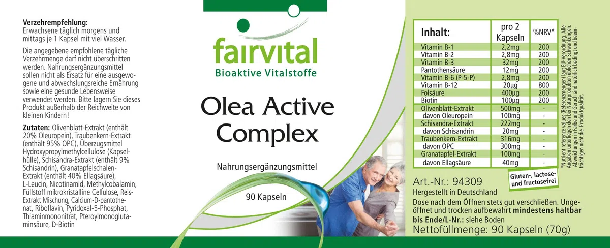 fairvital Olea Active Complex, 90 Kapseln, VEGAN, Kombination aus B-Vitaminen, Folsäure, Olivenblatt, Schisandra, Granatapfel und OPC