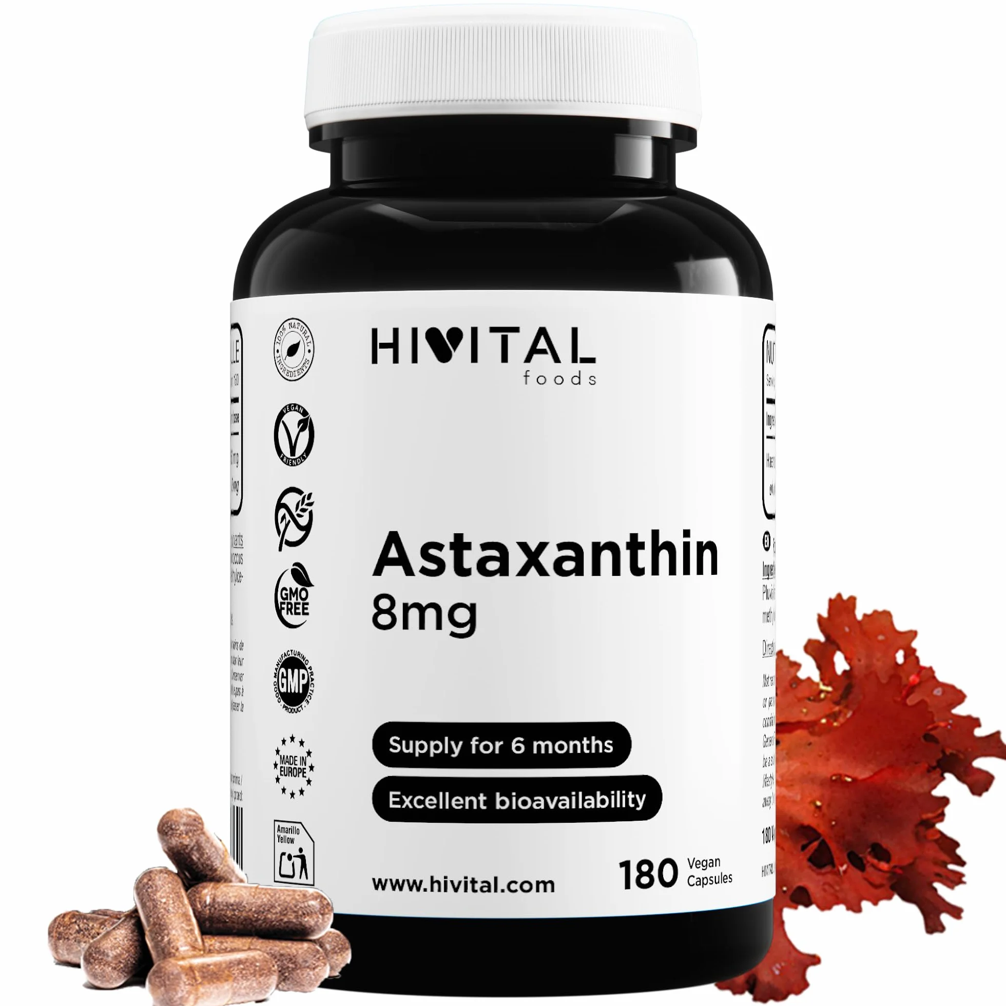 Astaxanthin 8 mg. 180 vegane Kapseln für eine 6-monatige Kur. Hergestellt aus 160 mg der natürlichen Alge Haematococcus Pluvialis mit 5% Astaxanthin, liefert also 8 mg reines Astaxanthin. Von Hivital