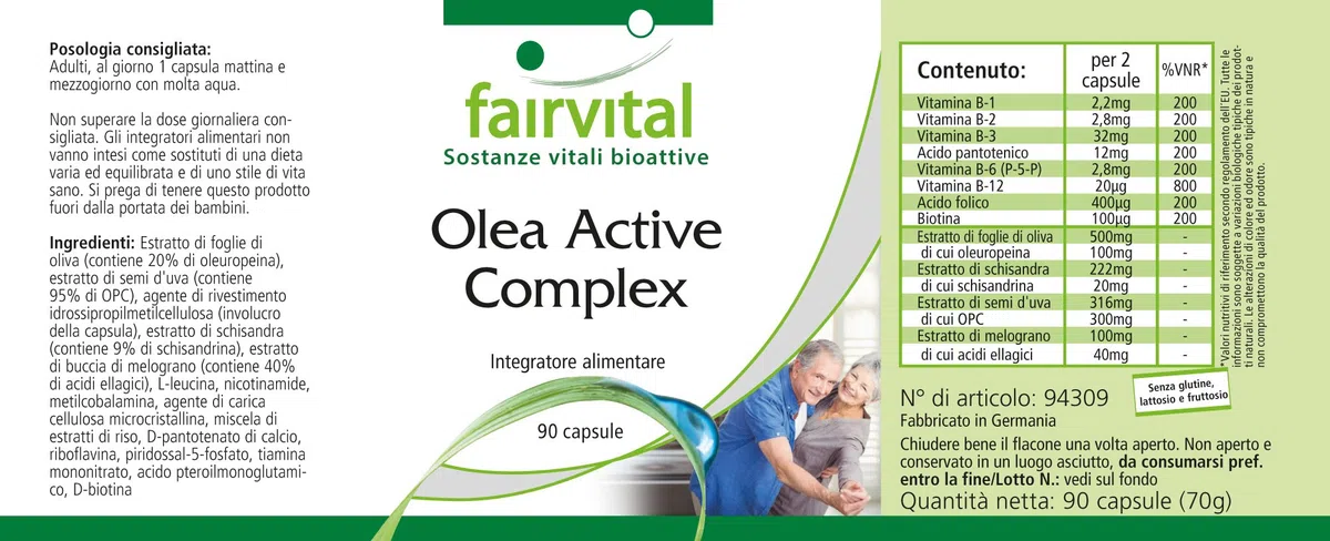 fairvital Olea Active Complex, 90 Kapseln, VEGAN, Kombination aus B-Vitaminen, Folsäure, Olivenblatt, Schisandra, Granatapfel und OPC