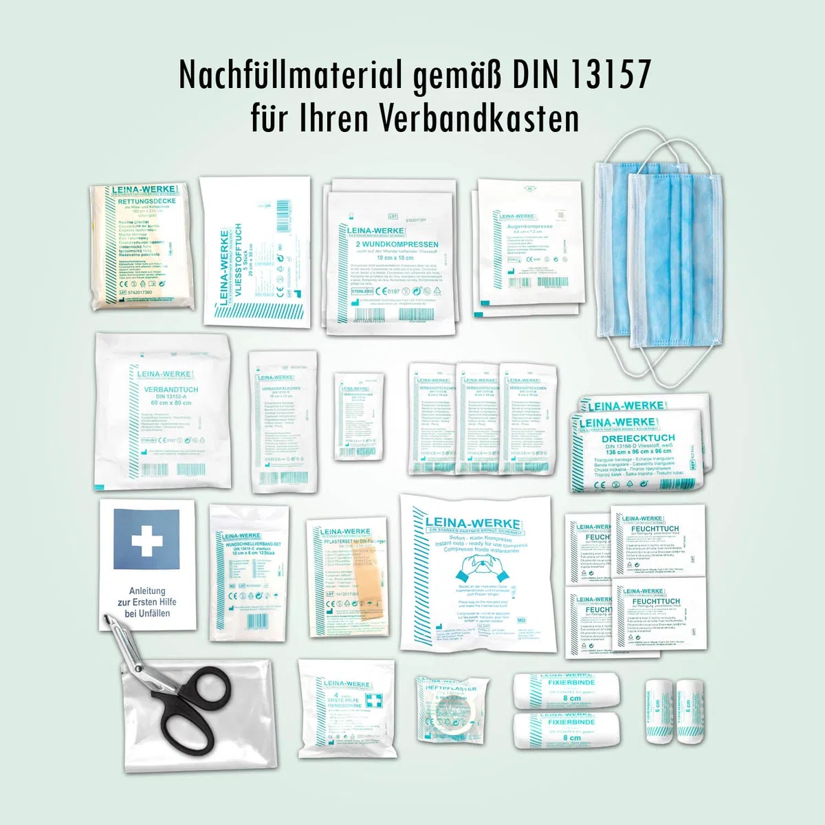 NEUE DIN 13157 − Verbandkastenfüllung Erste-Hilfe-Koffer-Füllung Nachfüllset für Verbandskasten + Erste-Hilfe-Anleitung - für Betriebe - Baustelle - öffentliche Einrichtungen LW