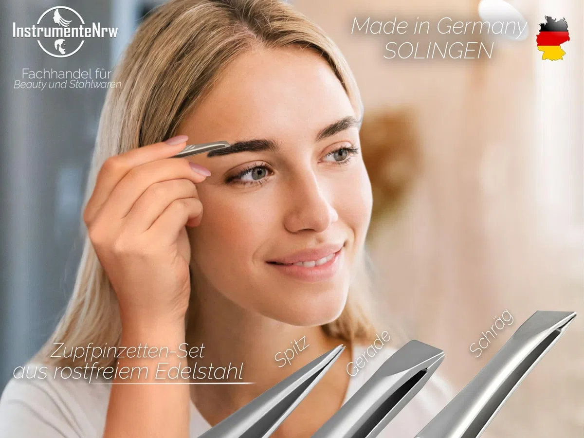Solingen Profi Pinzetten Set Haar Zupfpinzetten 3-Teilig Spitz Gerade Schräg Präzise Made in Germany Solinger Augenbrauenpinzette aus rostfreiem Edelstahl