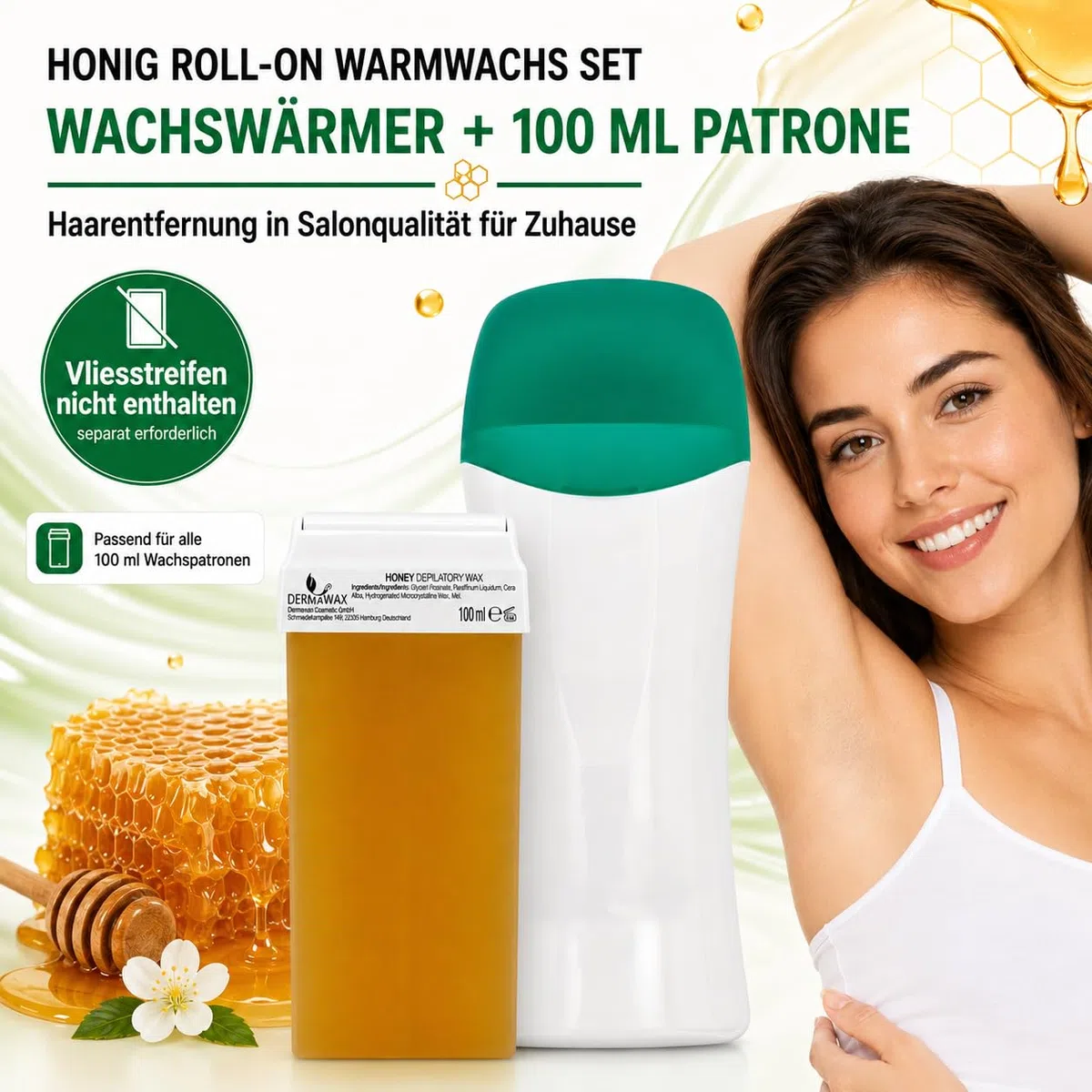 DERMAWAX Roll-On Wachswärmer Set – 25W, 230V – Inkl. Honig Roll-On Warmwachs 100 ml – Profi Haarentfernung mit Wax Strips – Schnelle & einfache Enthaarung für Beine, Arme, Achseln und Rücken