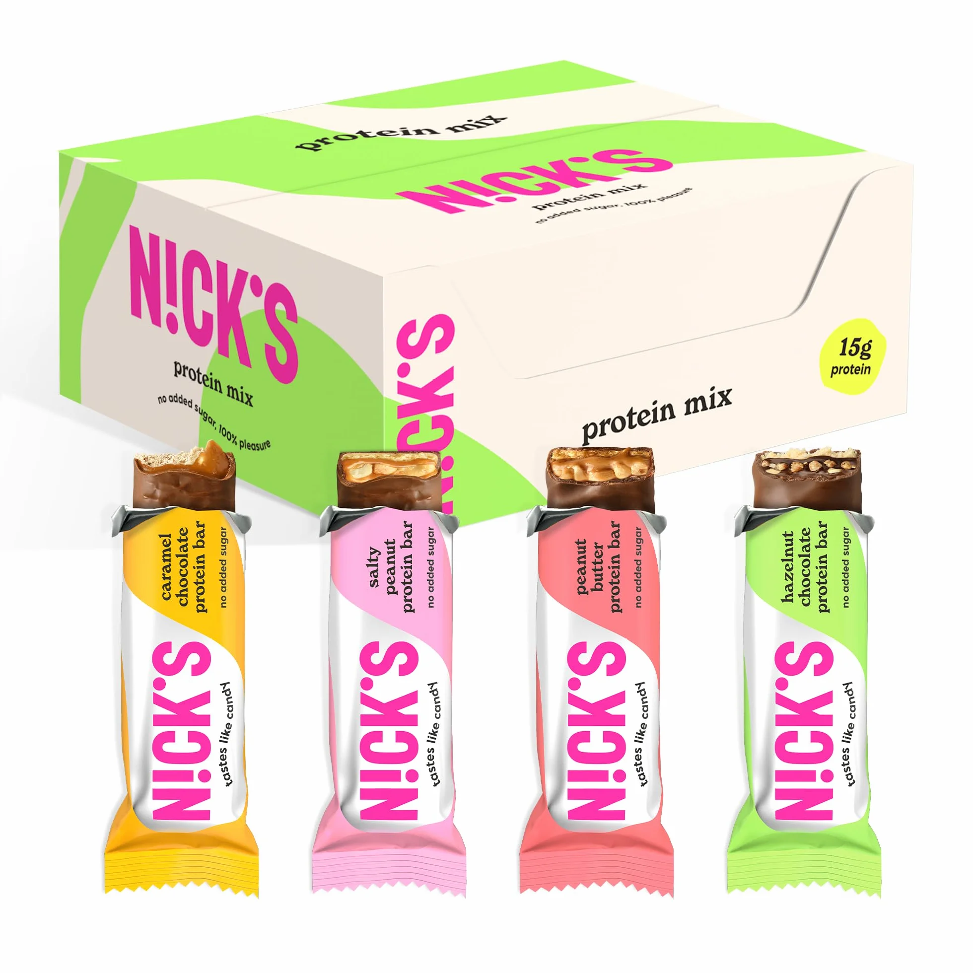 N!CK'S Protein Riegel Mix Box, 4 Sorten, 9x50g | Ohne Zuckerzusatz, 15g Eiweiß (30%), 5g Kollagen, Kalorienarm, Glutenfrei