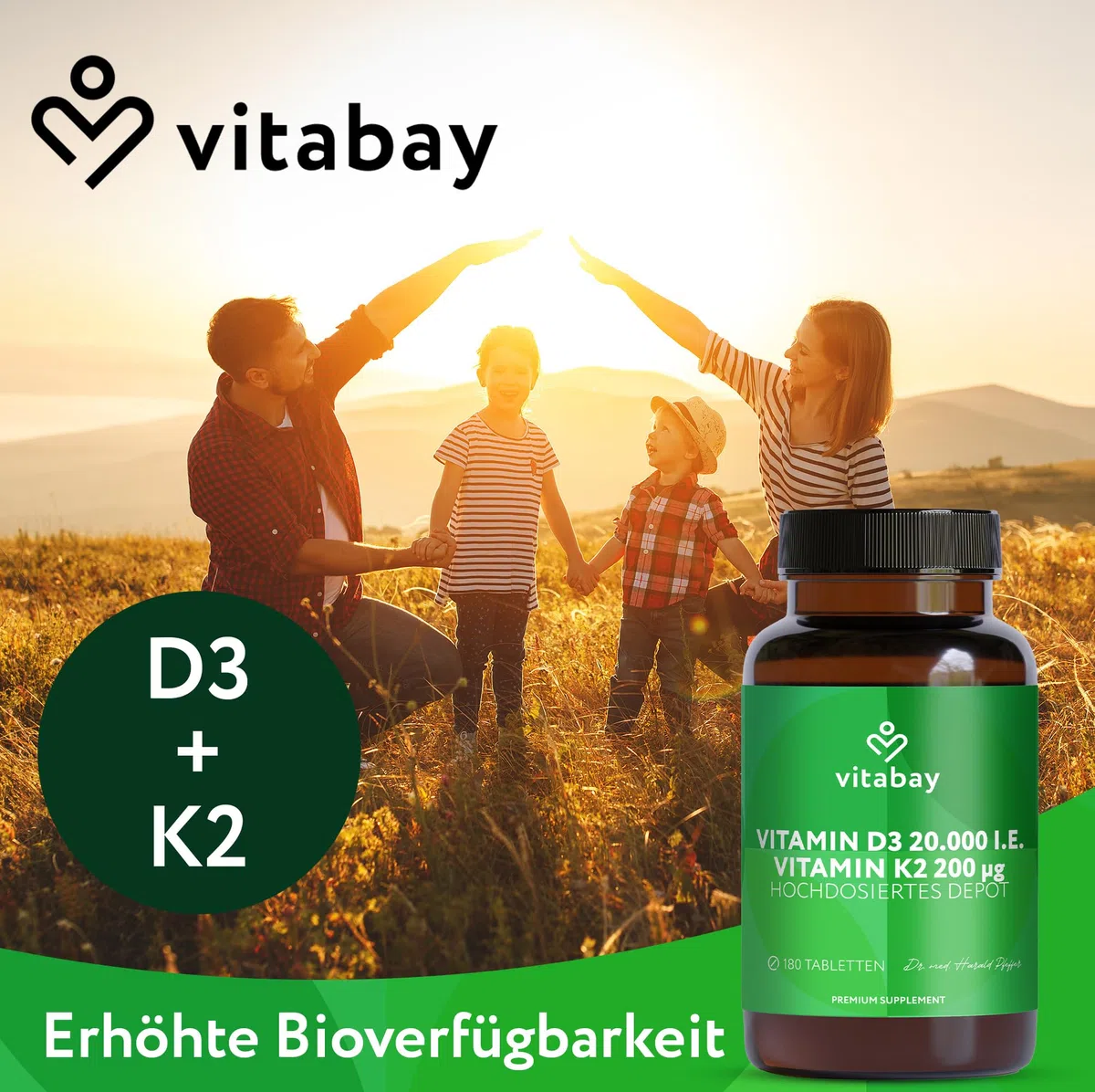 Vitabay Vitamin D3 + K2 Depot – 180 vegane Tabletten – hochdosiert – 20.000 IE Premium Vitamin D3 mit K2-MK7 All-Trans – ohne Zusätze – vegan & laborgeprüft in Deutschland – Vorrat für lange Zeit