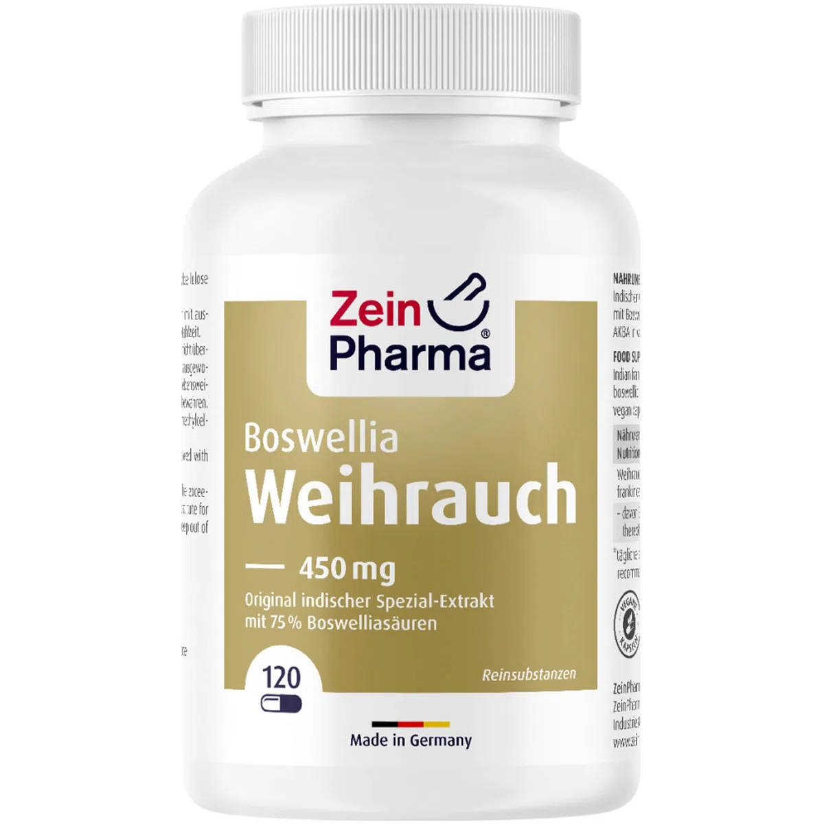 ZeinPharma Weihrauch 450 mg 120 Kapseln - Indischer Boswellia serrata Weihrauch, Kapseln mit 75% Boswellia-Säuren, Nahrungsergänzungsmittel vegan