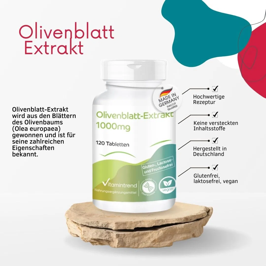 Vitamintrend Olivenblattextrakt 1000mg, 120 Tabletten, hochdosiert, 20% Oleuropein, veganes Nahrungsergänzungsmittel ohne Zusätze, in Deutschland hergestellt