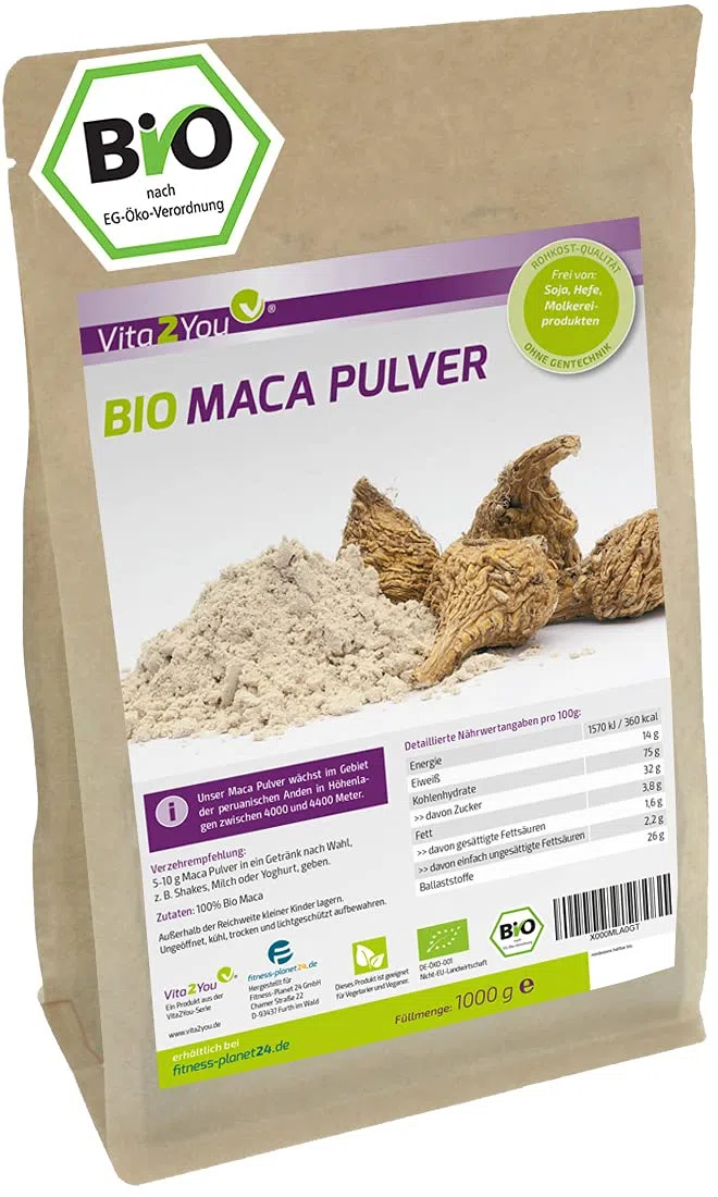 Vita2You Maca Pulver 1kg - Bio Qualität - Maca-Wurzel - ganze Knolle gemahlen - 1000g im Zippbeutel - Premium Qualität