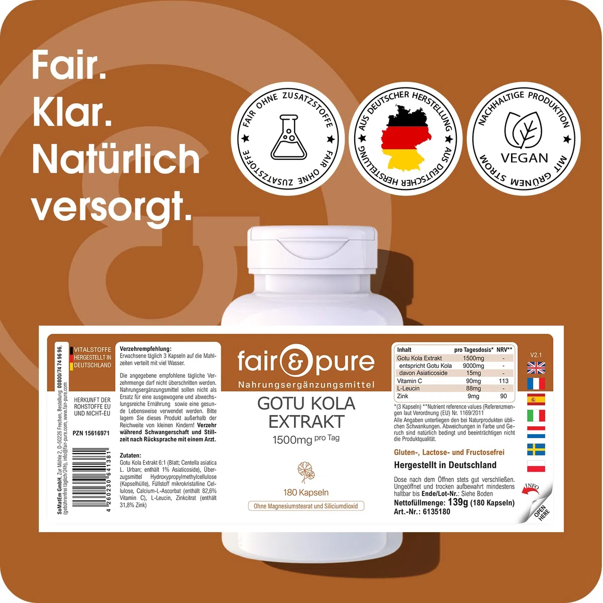 Fair & Pure Gotu Kola Extrakt 1500mg pro Tag, 180 Kapseln, mit Vitamin C und Zink, Nahrungsergänzungsmittel vegan ohne Magnesiumstearat, in Deutschland hergestellt