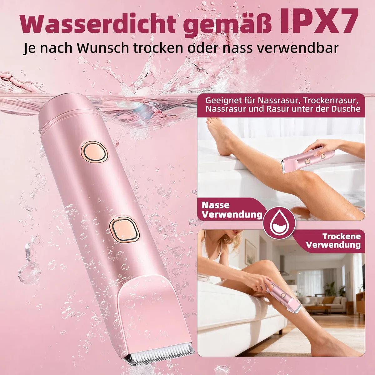 Carehabi Rasierer Damen und Intimrasierer für Frauen 2-in-1 Elektrischer Bikini Trimmer mit Keramikklinge IPX7 Wasserdicht Leiser Damenrasierer Gesichtshaarentferner Typ-C 0.14kg Roségold
