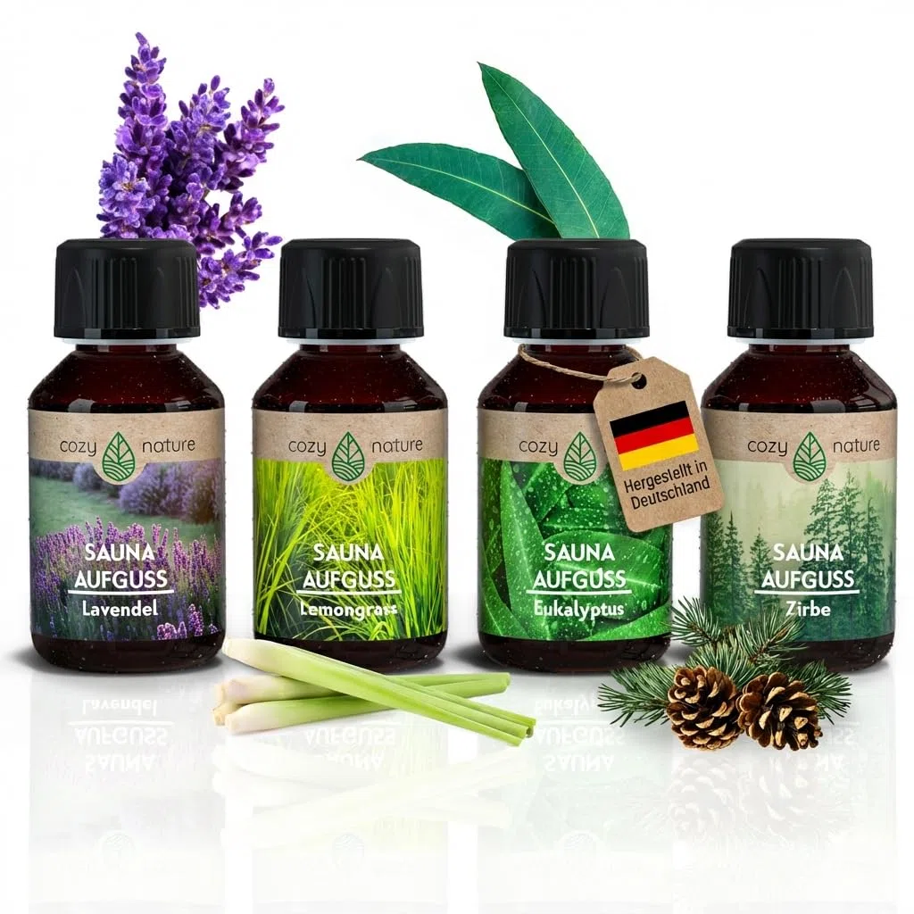 CozyNature® Saunaaufguss mit ätherischem Öl | Sauna Aufgussmittel | Sauna Zubehör | 4 Set - Eukalyptus Lemongrass Zirbe Lavendel - 4x 100ml | inkl. Gratis Sauna E-Book