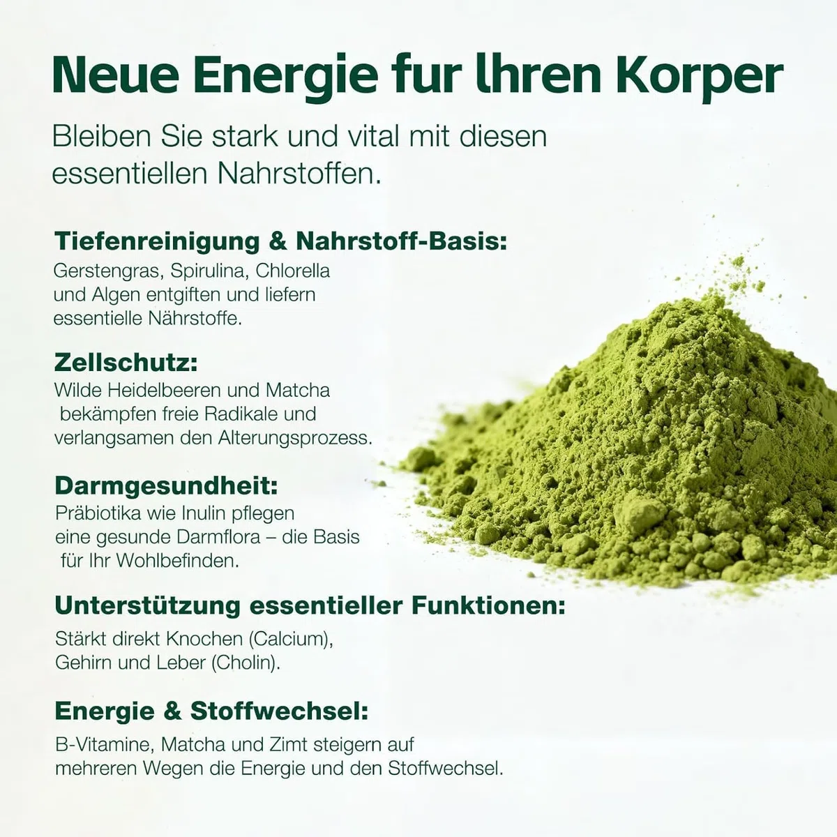 Grüne Entgiftungspulver, 200g Superfood Pulver, Greens Pulver helfer, Pflanzenpulver mit Matcha, Gerstengras, Heidelbeeren, Rich in Macronutrients, Micronutrients & Fiber