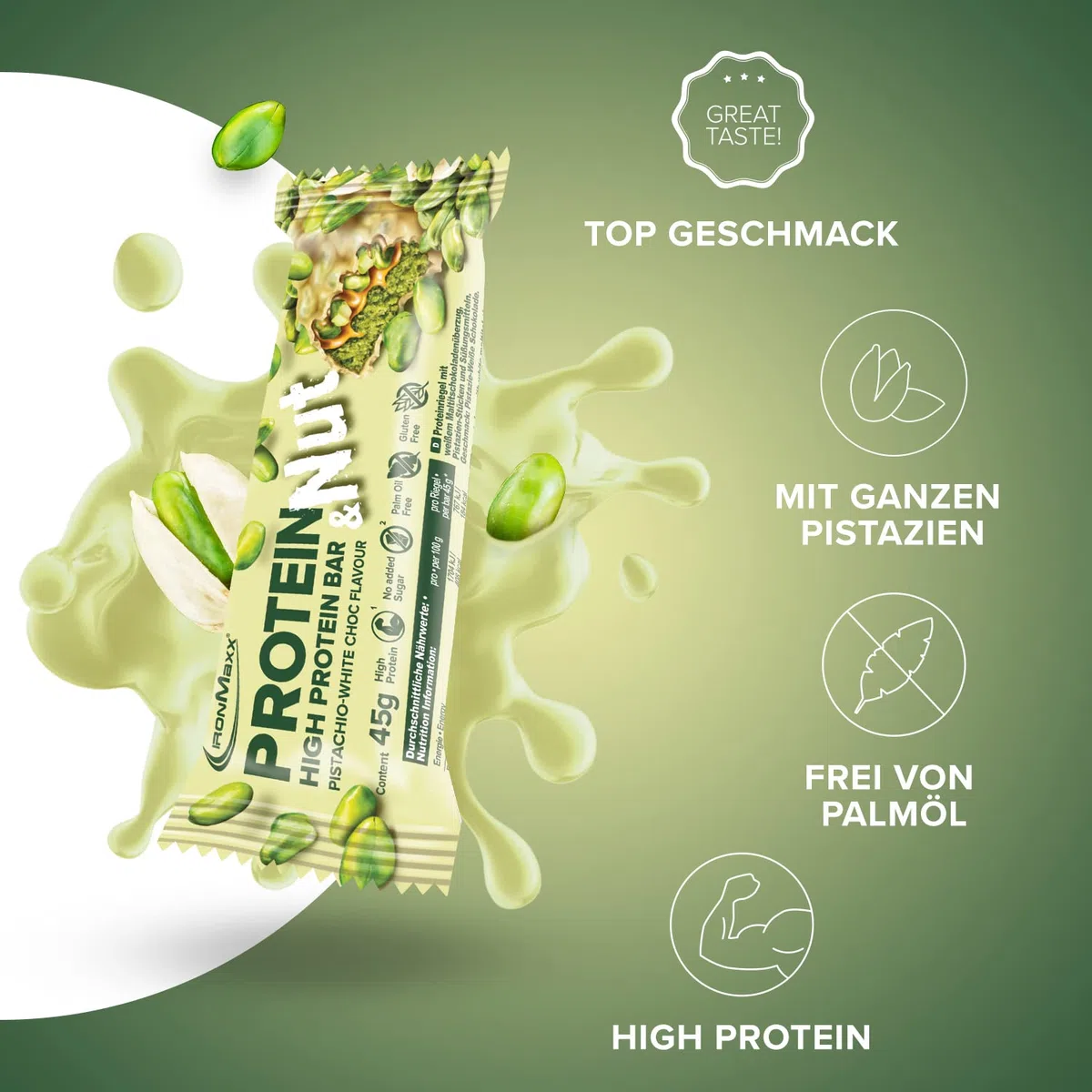 IronMaxx Protein & Nut Proteinriegel - Pistachio White Choc 12 x 45g | High-Protein-Bar mit echten Pistazien | Eiweißriegel glutenfrei, ohne zugesetzte Zucker und palmölfrei