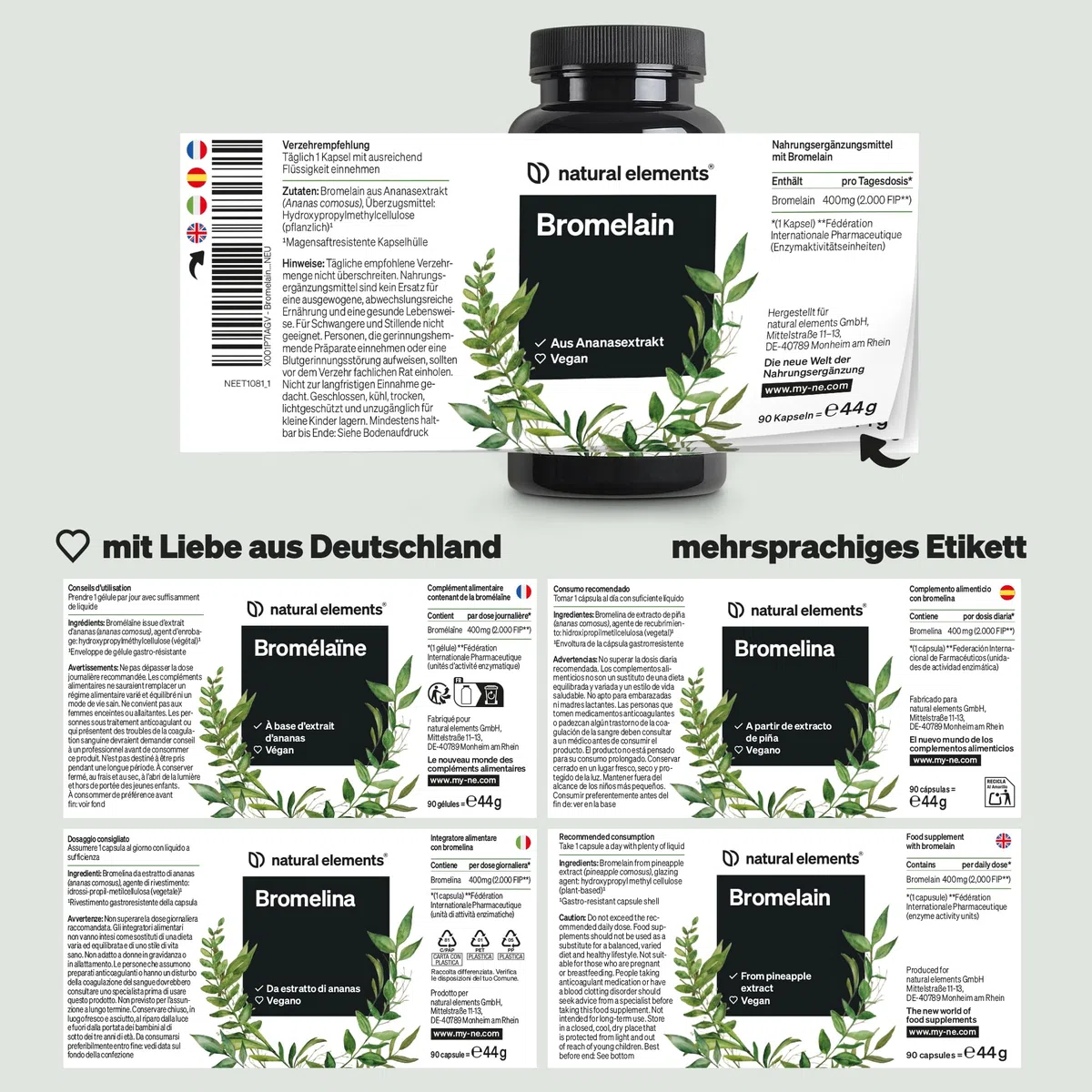 natural elements Bromelain - 400 mg (2000 F.I.P) - 90 magensaftresistente Kapseln - Natürlicher Ananas Extrakt - Laborgeprüft, hochdosiert und in Deutschland produziert