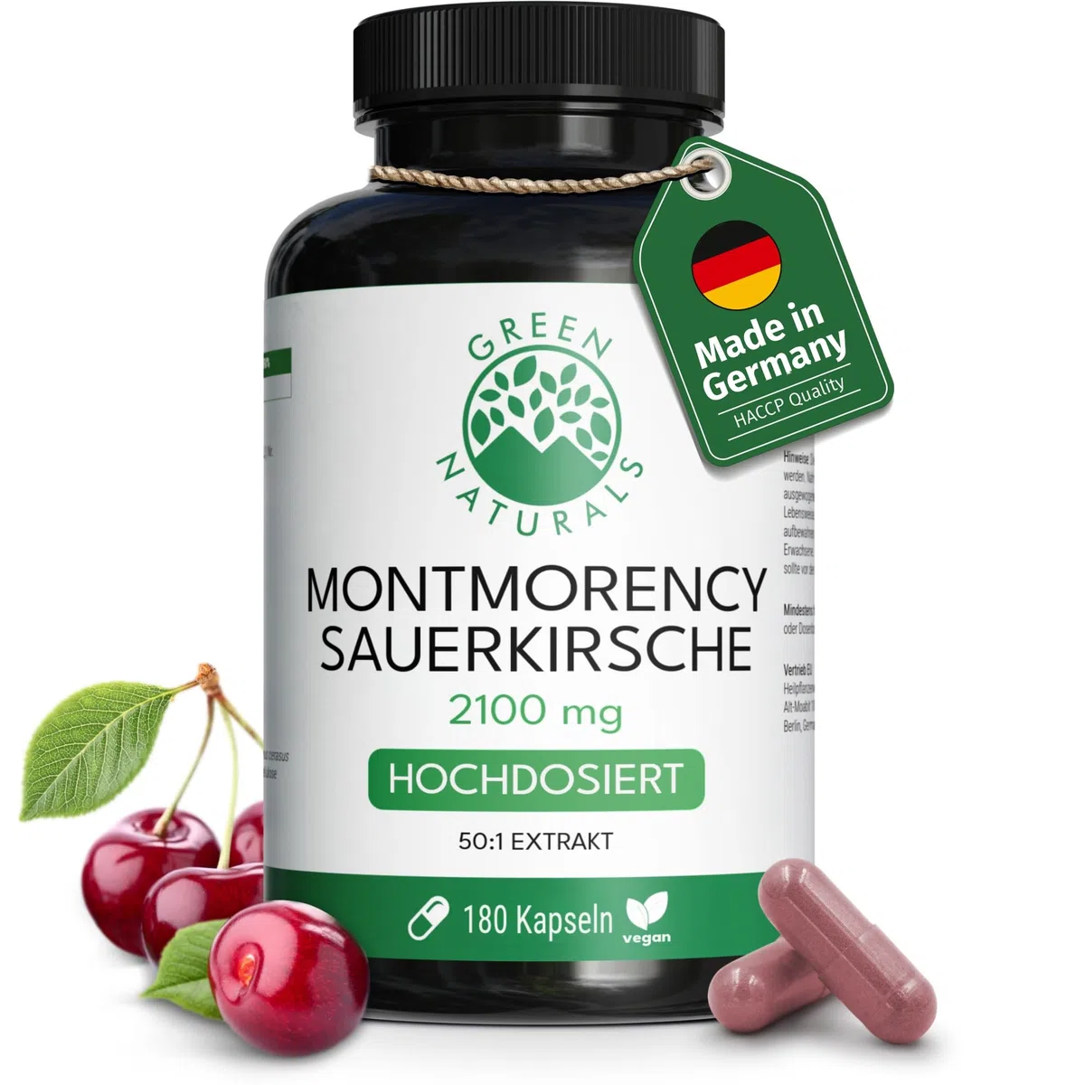 Green Naturals Montmorency Sauerkirsche – Hochdosiert: 2.100 mg Extrakt | 50:1 pro Tagesdosis · Entspricht 105.000 mg Sauerkirsch-Frucht · Aus der ganzen Frucht · 180 Kapseln