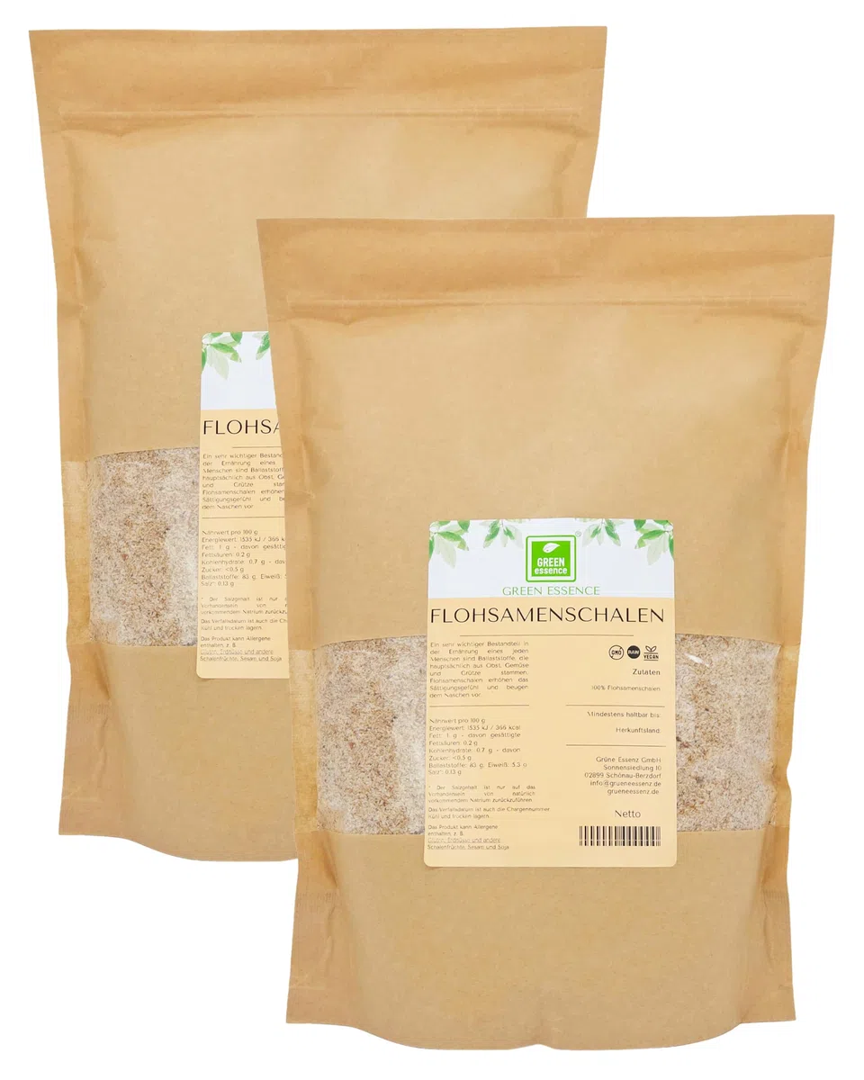 Flohsamenschalen 1 kg (2X500g) - natürliche Ballaststoffe von Green Essence - Flohsamenschalen gemahlen - vegan - Low Carb - Ballaststoffreich - ohne Zusätze - Ersatz für Mehl in Keto-Diät