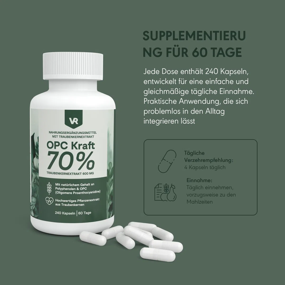 OPC Kraft 70% – Traubenkernextrakt 600mg pro Tagesdosis – 240 Kapseln – Mit Vitamin C, Zink & Selen – Vegan & Hochwertig