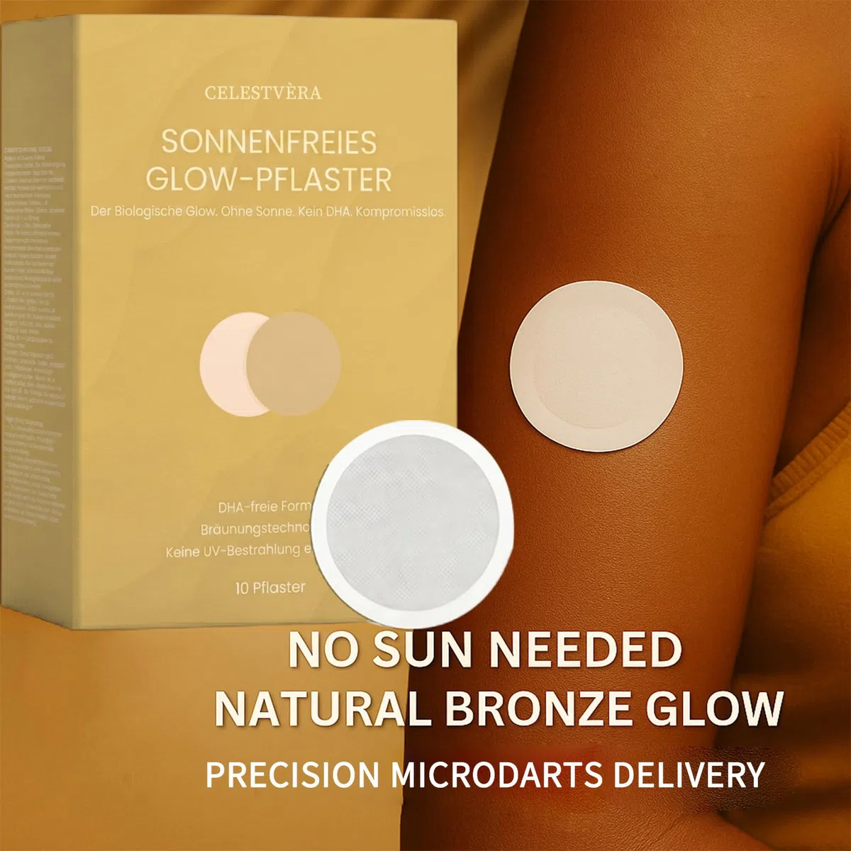 Celestvera Bräunungspflaster, 10 Stück Sun Free Glow Patch für Tanning, Selbstbräuner Microneedle Patch für Frauen und Männer, Natürliche Inhaltsstoffe, für Alle Hauttypen (2 Stück)