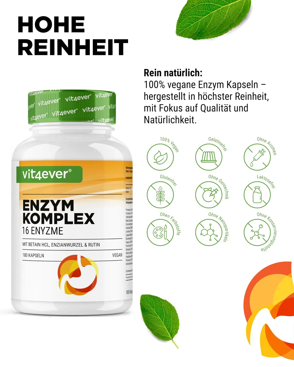 vit4ever Verdauungsenzyme - 180 Kapseln - magensaftresistent & hochdosiert | Mit Betain HCL, Rutin, Enzianwurzel + 16 Enzyme: Bromelain, Papain, Amylase, Lipase, Protease, Laktase, 90 Tage Vorrat, Vegan