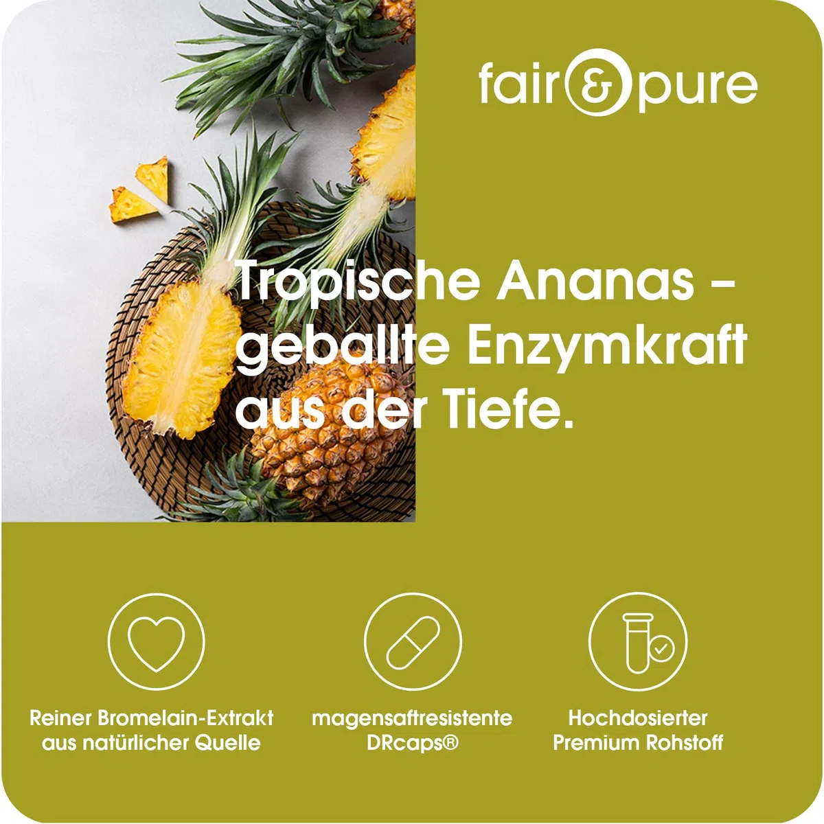 Fair & Pure Bromelain hochdosiert 750mg, 1800 F.I.P, 90 Kapseln, magensaftresistente DRcaps, Nahrungsergänzungsmittel vegan ohne Magnesiumstearat, in Deutschland hergestellt