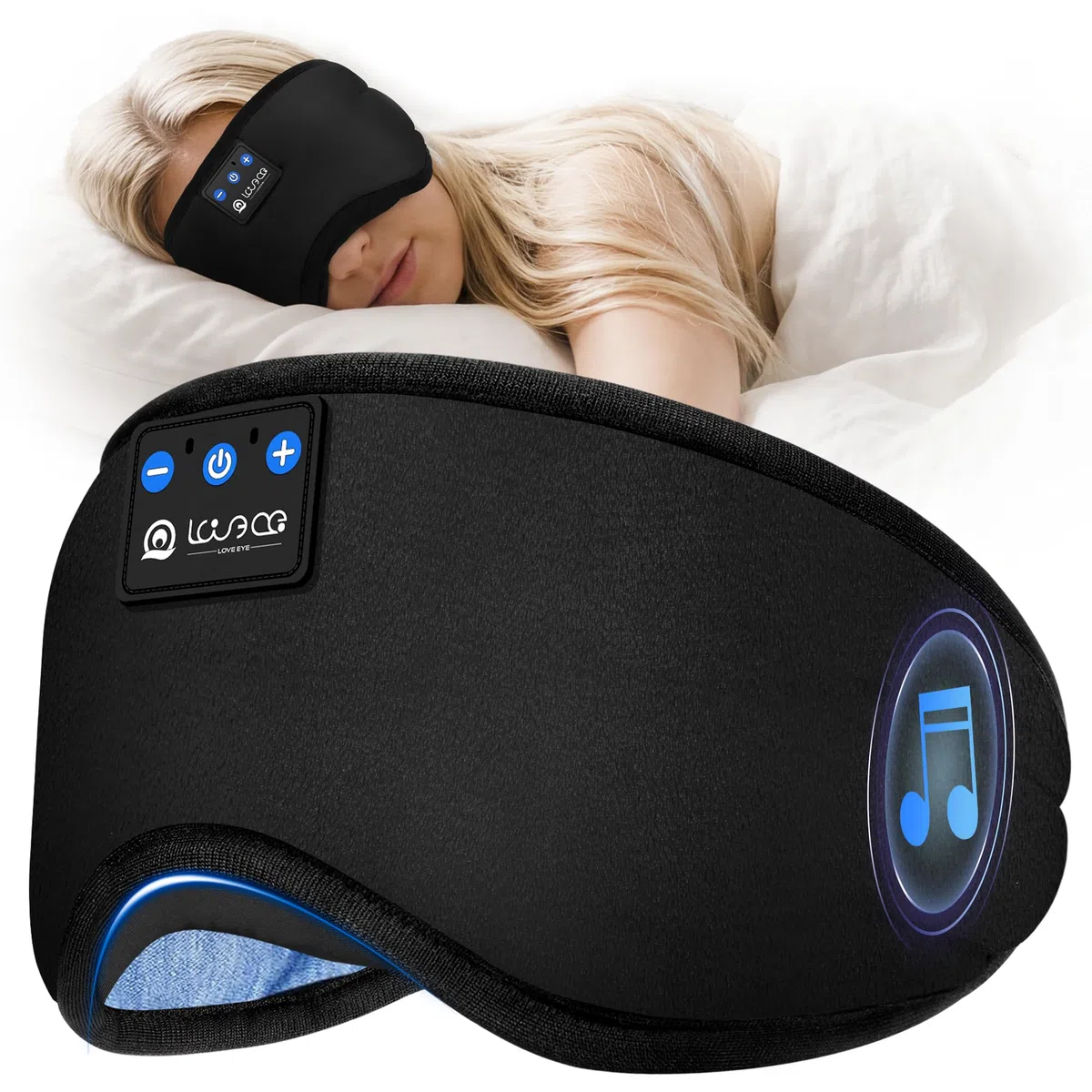 LOVE EYE Bluetooth Schlafmaske für Seitenschläfer, ultraflache Kopfhörer, lichtdicht & waschbar, verstellbares Kopfband, atmungsaktiv, ideal für Reisen & Entspannung ((Schwarz)