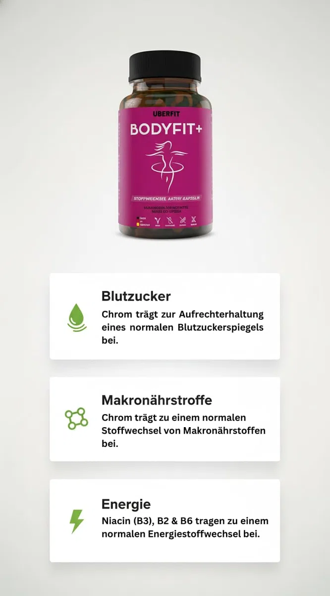 BODYFIT+ Stoffwechsel & Energie Komplex – Zink & Chrom für normalen Stoffwechsel & Blutzucker, B-Vitamine gegen Müdigkeit – mit Grüntee & Guarana – 120 vegane Kapseln, Made in Germany
